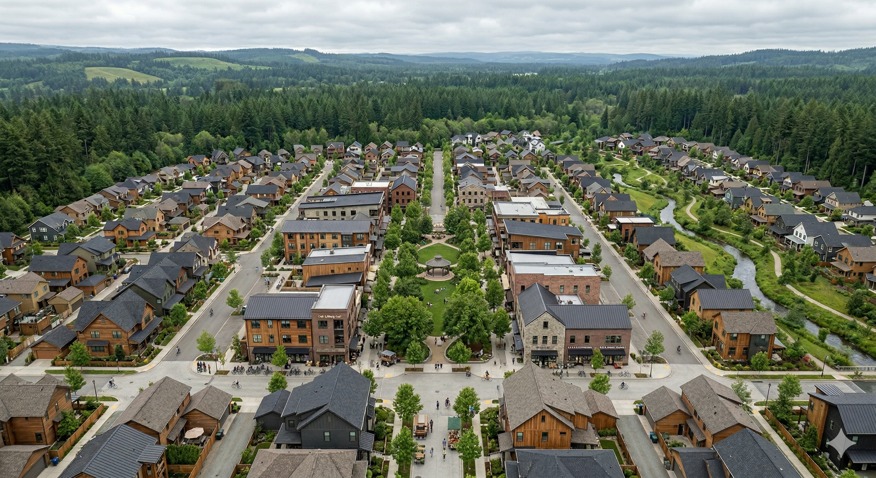 Aerial view of Arroyo Commons — Pacific Northwest new urbanist community