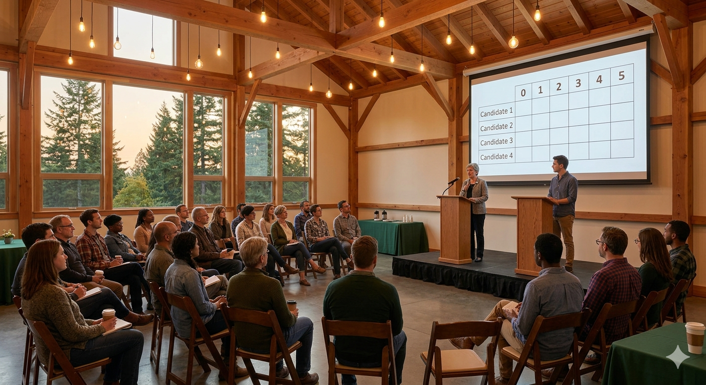 Candidate Forum — Arroyo Commons community hall with score voting screen